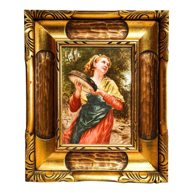Art Nouveau Maiden Antique German Porcelain Tile Painting Carved Wood Frame For Sale