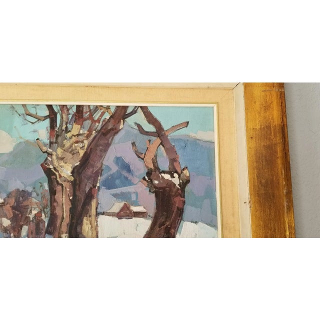 Brown 1970s Guy Duveyre Abstract Winter Rural Landscape Oil on Canvas Painting For Sale - Image 8 of 11