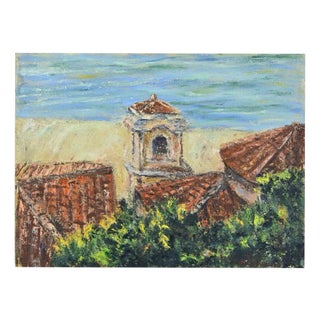 Pino Romanò, Roofs and Bell Tower, Oil Painting, 1990s For Sale