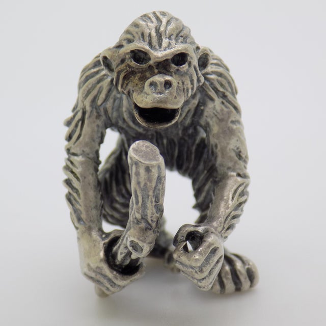 Vintage Italian Handmade Genuine Silver Chimpazee Monkey With Wooden Log Figurine For Sale - Image 6 of 10
