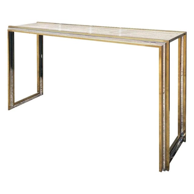 1970s Italian Travertine Topped Brass and Chrome Console Table, 1970s For Sale - Image 5 of 5
