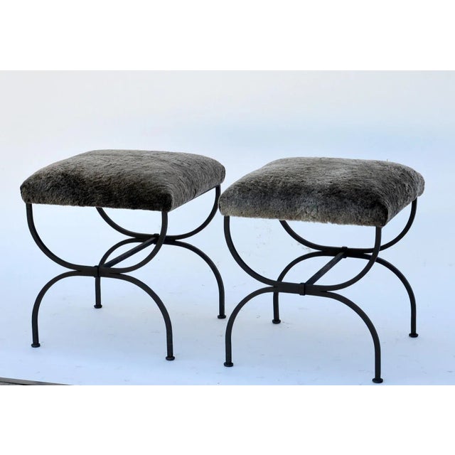 Modern "Strapontin" Wrought Iron and Fur Stools- A Pair For Sale - Image 3 of 9