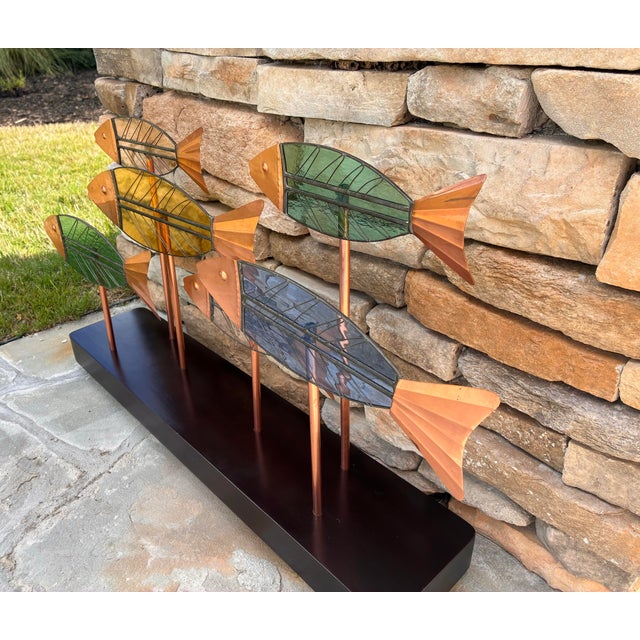 Curtis Jere Vintage Leaded Slag Glass and Copper School of Fish Sculpture Styled After Curtis Jere For Sale - Image 4 of 11