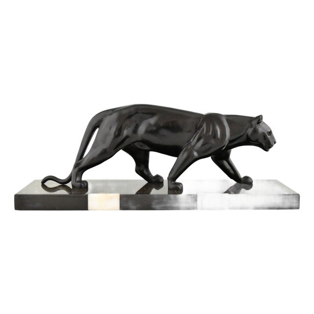 M. Leducq, Art Deco Panther, 1930, Metal on Marble Base For Sale