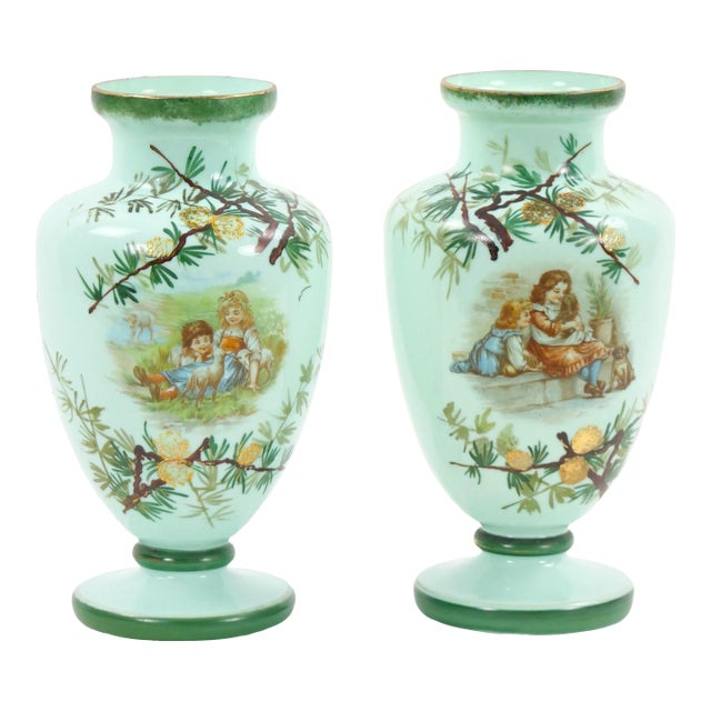Early 20th Century French Hand Painted / Decorated Art Glass Pair Vase For Sale