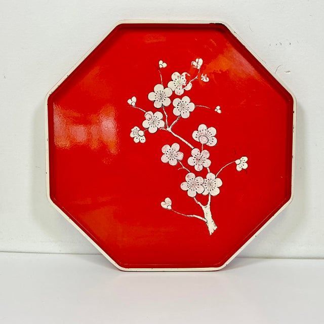 Mid 20th Century Mid-Century Boho Chic Octagonal Shaped Plastic Serving Tray With Cherry Blossom Design For Sale - Image 5 of 14