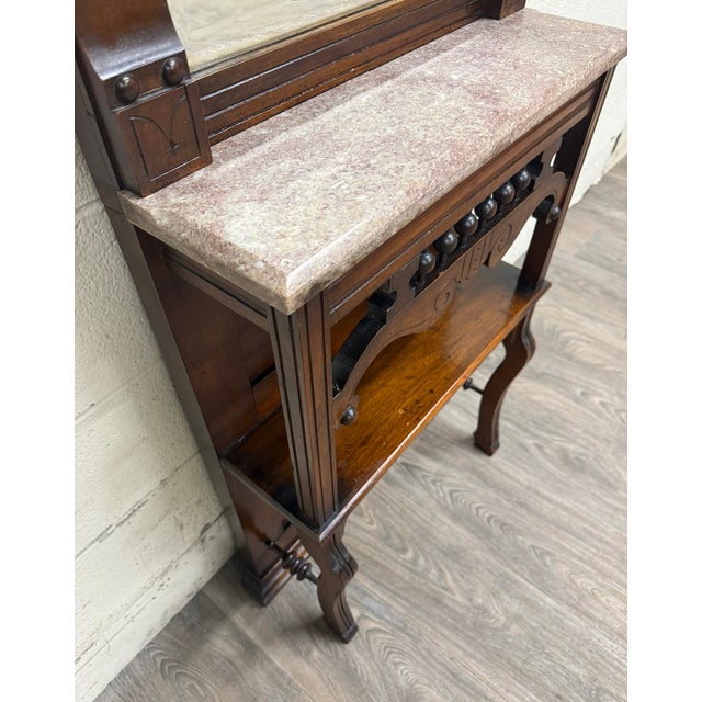 Brown Antique Victorian Eastlake Hall or Entry Pier Mirror With Tennessee Red Marble For Sale - Image 8 of 14