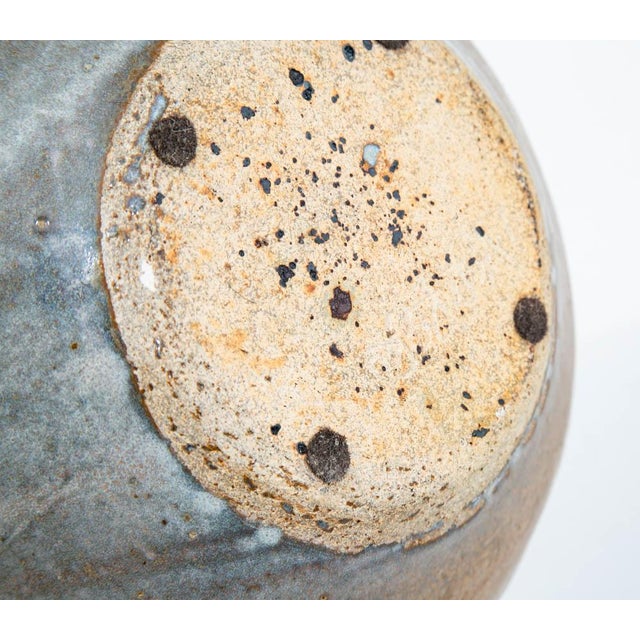 Mid Century Modern Round Vase Blue Tan Glaze Studio Ceramic Weed Vintage Flower For Sale - Image 4 of 12