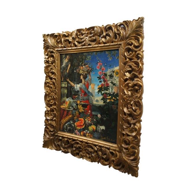 Baroque Flowers Fruit Woman Picking Grapes Still Life Painting After Christian Berentz For Sale - Image 3 of 12