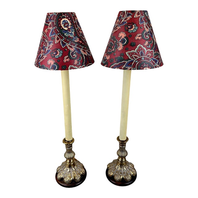 1990s Frederick Cooper Brass Candlestick Buffet Lamps With Paisley Shades - A Pair For Sale