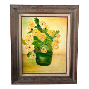 Mid 20th Century Original Still Life Yellow Flowers in Green Pot Oil on Canvas, Framed