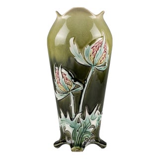 Art Nouveau French Ceramic Vase with Thistle Relief Decor from De Bruyn, 1890s For Sale