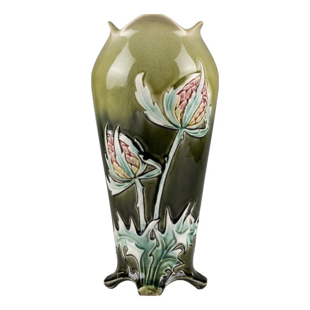 Art Nouveau French Ceramic Vase with Thistle Relief Decor from De Bruyn, 1890s For Sale