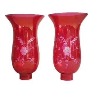 Cranberry Glass Uricane Lamp Shades-a Pair For Sale
