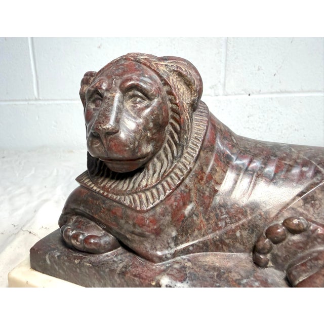 Antique Hand Carved 19th Century Reclining Lion Solid Marble Sculpture Statue For Sale - Image 4 of 16