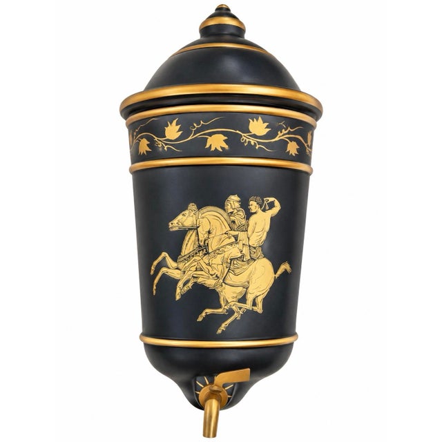 This is a midcentury Italian neoclassical style three piece ceramic lavabo. It is a black Jasperware-like glaze with glint...