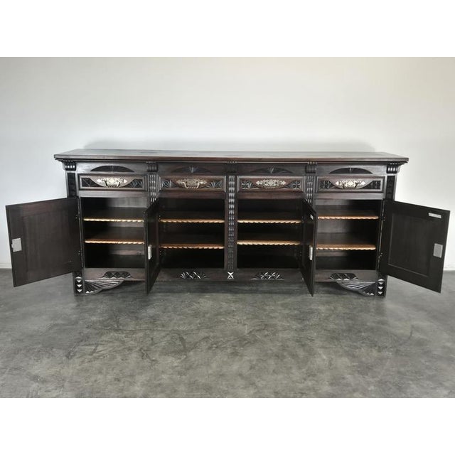 Wood Breton Sideboard with Four Doors in Carved Oak and Brass For Sale - Image 7 of 10