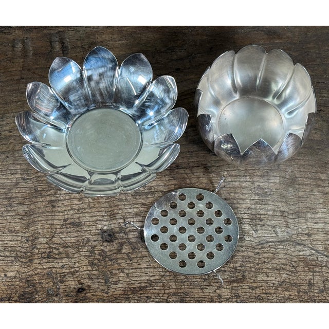 Metal Reed & Barton Silverplate Lotus Flower Bowl With Flower Frog Insert For Sale - Image 7 of 7