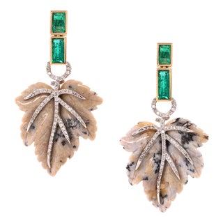 Emerald, Diamond and Jasper Leaf Earrings in 14ct Gold - Fei Liu, Pair For Sale