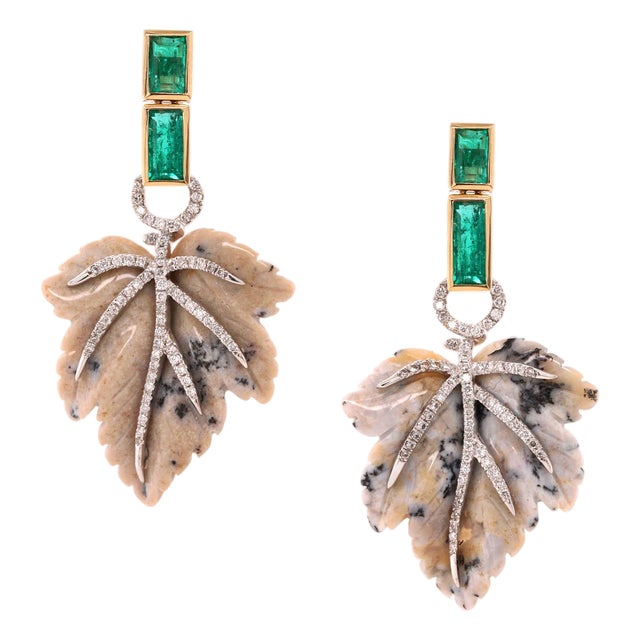 Emerald, Diamond and Jasper Leaf Earrings in 14ct Gold - Fei Liu, Pair For Sale
