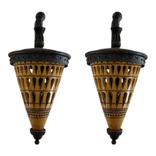 1930s Italian Iron and Glazed Terracotta Lantern Sconces - Pair For Sale