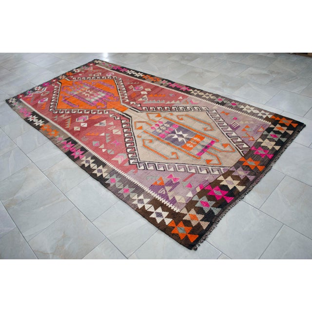 5x11 Turkish Rug, Handwoven Wool Kilim in Muted Red & Bright Orange, Eastern Anatolian Tribal Art, Rustic Farmhouse Decor For Sale - Image 15 of 16