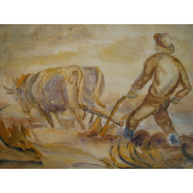 Unusual watercolor piece depicting a farm worker in soft natural earth-tones with a plow pulled by an oxen team tilling...