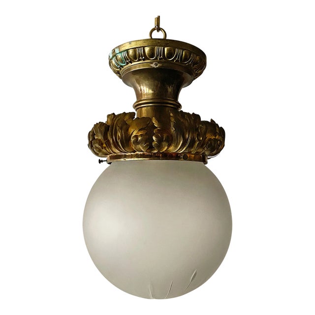 Flush Mount Ceiling Light Antique Cast Bronze With Etched Glass Globe Shade For Sale