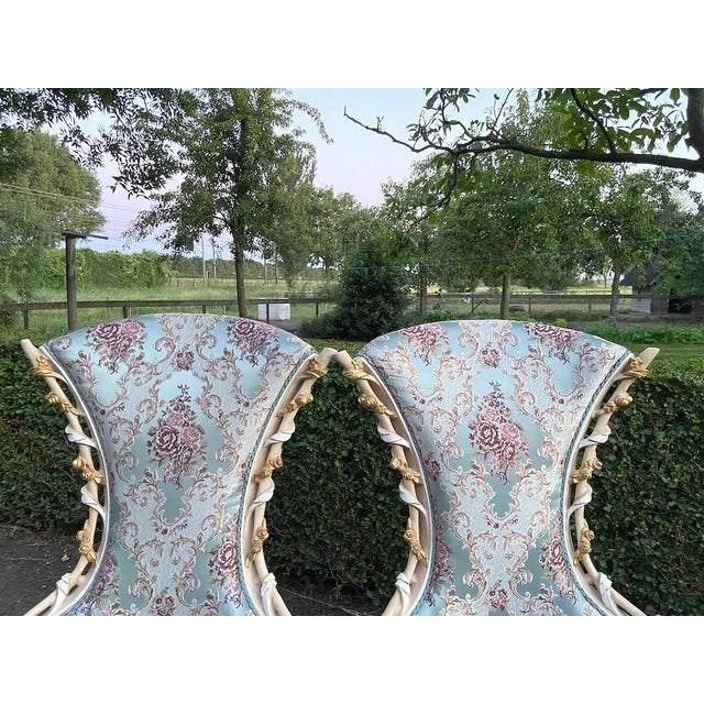 1970 Louis XVI White Beech Turquoise Lounge Chairs-Pair For Sale - Image 6 of 12