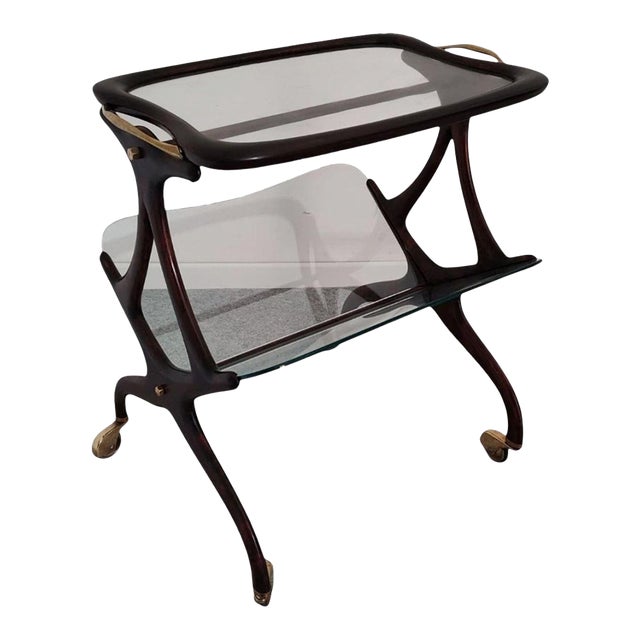 1950s Italian Wood, Glass and Brass Bar Cart With Magazine Rack, Attributed to Cesare Lacca For Sale