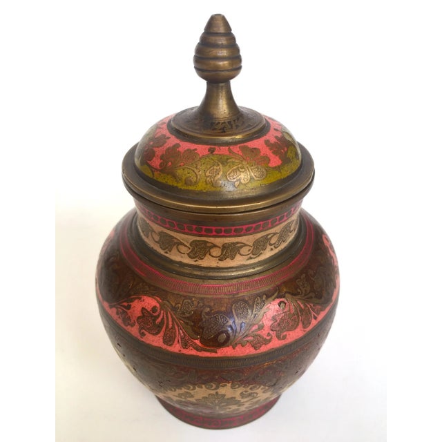 This vintage Mid Century India brass incised multicolor enamel incense urn lidded jar is a very special and unique piece...