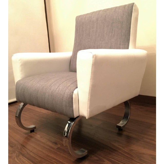 Mid 20th Century Exclusive Pair of Sleek Italian Armchairs with Curved Metal Base For Sale - Image 12 of 18