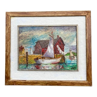 1970’s Original Expressionist New England Seaport Village Sailboats Small Painting Signed & Framed For Sale