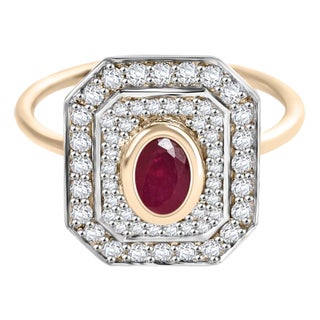Art Deco Ruby Halo Diamond Ring in 14k Gold Size 5.5 For Sale