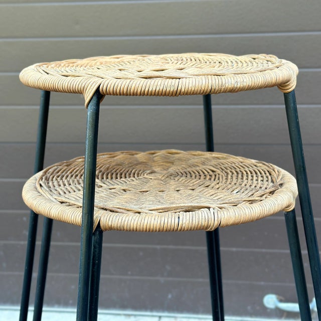 Brown Mid-Century Modern Wicker and Iron Stackable Barstools For Sale - Image 8 of 12