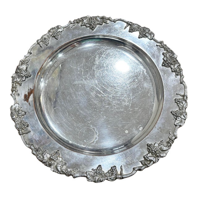 Ornate Vintage Grape Vine Design Silverplate Tray For Sale