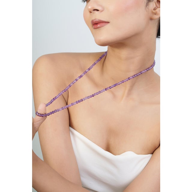 Handcrafted 116 Ct Natural Amethyst Beaded Necklace 26 Inch - February Birthstone For Sale - Image 6 of 14