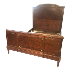 Early 20thc French Louis XVI Style Carved Walnut Bed W/ Bronze Ormolu Mounts