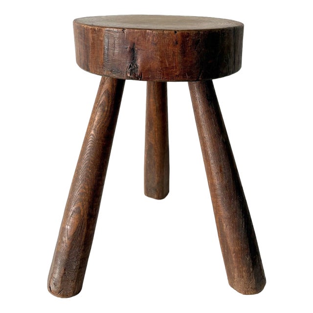 Vintage French Primitive Slab Stool, 1940 For Sale