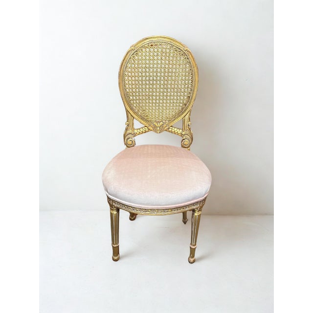 Late 20th Century Vintage Louis XVI‑Style Cane Back Accent Chair in Gold Finish For Sale - Image 5 of 5