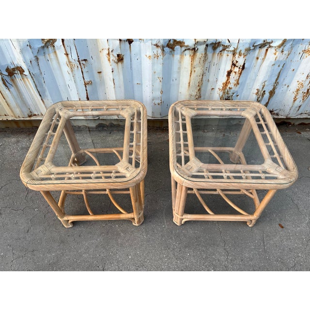 Brown A Pair of Coastal Style Rattan Side Tables in the Brown Jordan Manner. C 1980s For Sale - Image 8 of 12
