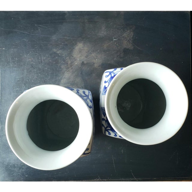 Large Vintage Botanical Chinoiserie Blue and White Hexagonal Vases - A Pair For Sale - Image 4 of 10