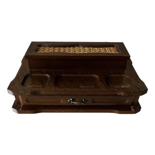 20th C. Mid-Century Modern Wooden Valet Jewelry Box With Woven Cane Top & Drawer For Sale