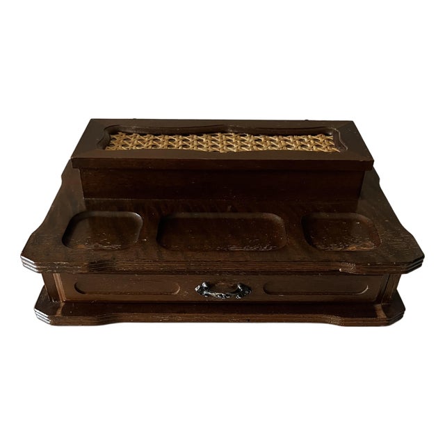 20th C. Mid-Century Modern Wooden Valet Jewelry Box With Woven Cane Top & Drawer For Sale