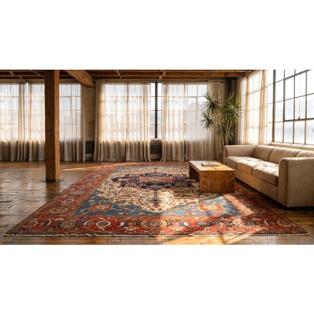 Beautiful Ivory Background With Distinctive Red Medallion Design Antique Persian Serapi Rug For Sale - Image 13 of 15