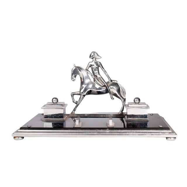 Early 20th century french Art Déco metal desk tidy with woman horseriding, pen holder and a pair of inkwells By: uknown...
