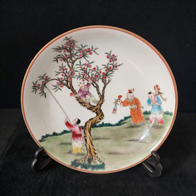 Art Deco Chinese Ceramic Plate,Yongzheng Marked Famille Rose Porcelain Plate Hand Painted Playing Children Pattern For Sale - Image 3 of 10