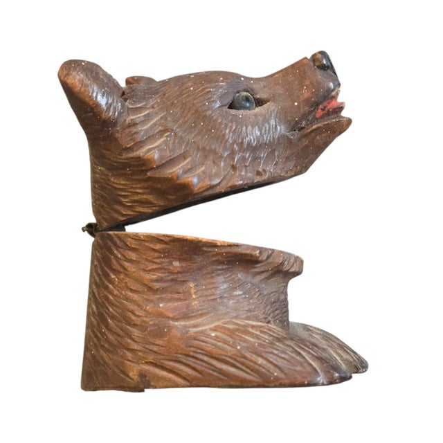 Antique Black Forest Bear Inkwell Hand Carved Wooden Carving Sculpture 2 inch -measures about 2" tall -Missing small...