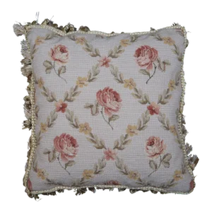 Mid 20th Century Down Filled Floral Crossed Roses Needlepoint Tassel Lumbar Throw Pillow