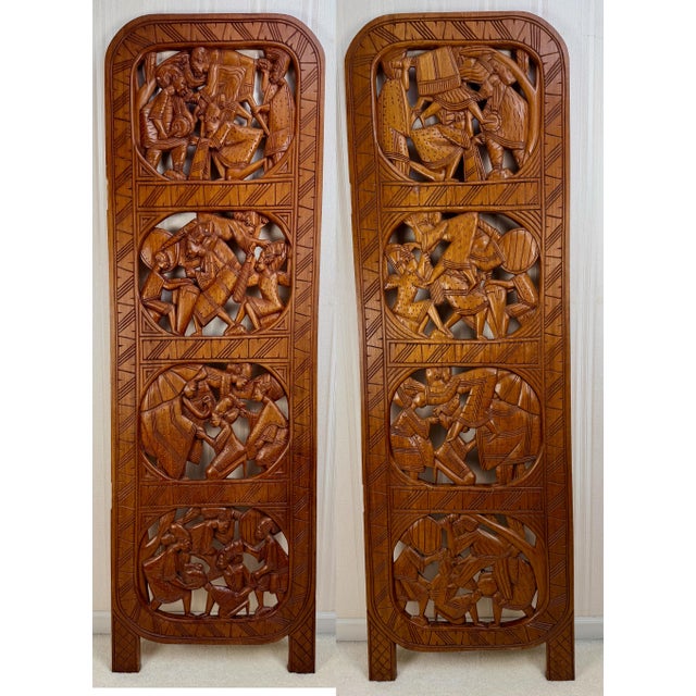 Monumental 1990s Yoruba Hand-Carved Double-Sided Nigerian Wood Screen Panels, Set of Four For Sale - Image 4 of 8